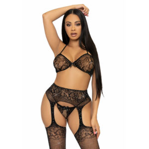 Leg Avenue - Conjunto Três Peas Suti, Cordo E Meia Tamanho Único - Preto