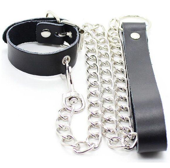 Colar Para Pênis E Alça De Couro Com Corrente De Metal - Ohmama Fetish