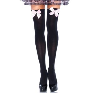 Leg Avenue - Coxas Em Nylon Preto Com Lao Rosa Tamanho Único