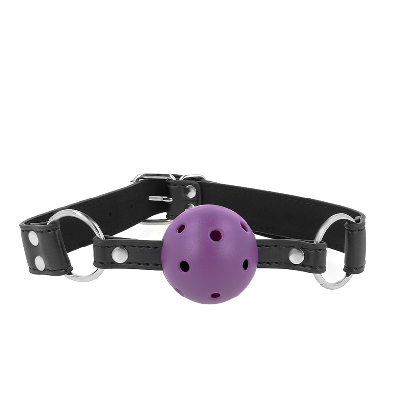 Bola Respirável 4 Cm Mordaça Com Rebite Duplo Roxo 62,5 X 2,5 Cm Ajustável 42-58 Cm - Kink